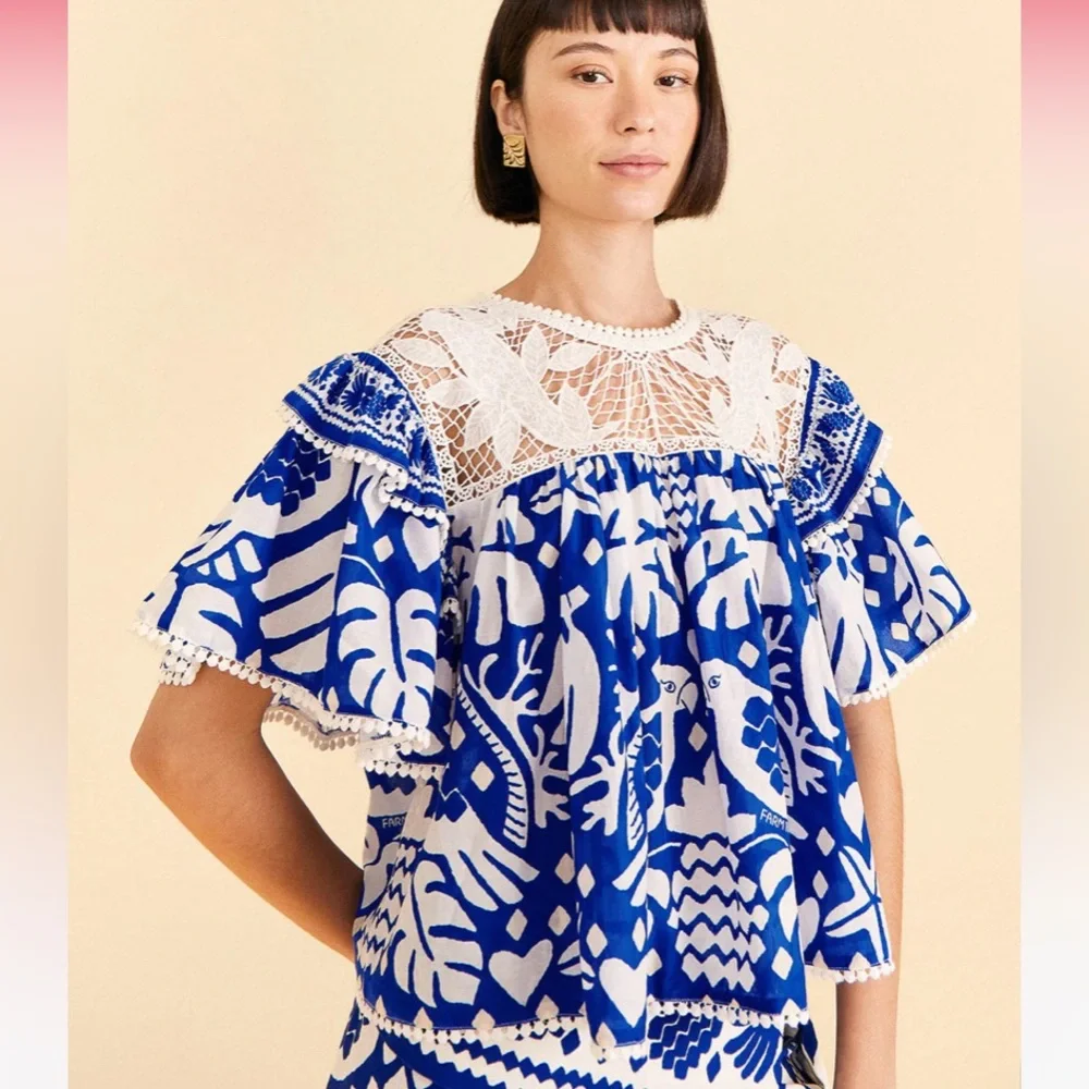 FARM RIO Navy Blue Jungle Scarf Lace Ruffle Sleeve Blouse - Picture 1 of 16